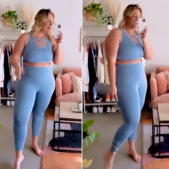 WAVE Beautiful SkyBlue 2pc Work Out Lycra Stretch Criss Cross Tank & Leggings XL - Picture 9 of 15